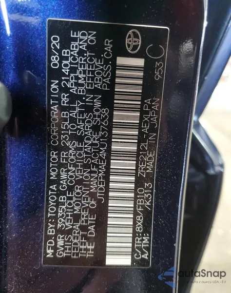 2021 Toyota Corolla Le из США, поврежденный, VIN JTDEPMAE4MJ137638